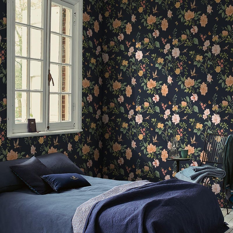 Froluya Dark Blue Floral Peel and Stick Wallpaper Vintage Floral Contact Paper 16.9” x 393.7” Bird Wallpaper Peel and Stick Boho Flowers Self Adhesive Removable Waterproof Wall Paper for Bathroom - Image 4